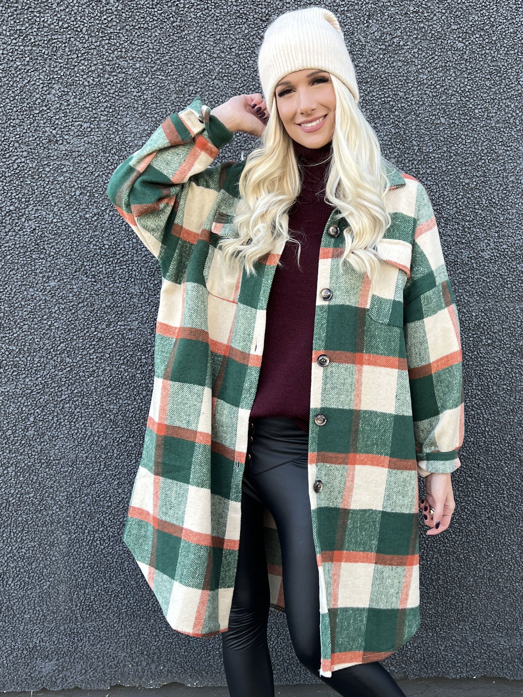 Natalia - Lång rutig jacka med knappar